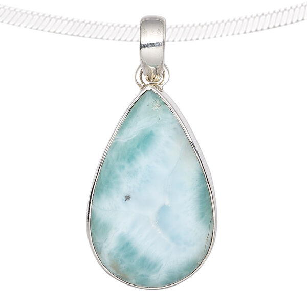 Pendant, larimar (natural) and sterling silver, 28x16mm-34x21mm teardrop. Sold individually. image number 0