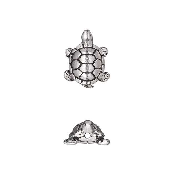 Bead, TierraCast®, antique silver-plated pewter (tin-based alloy), 15x11.5mm 3D turtle. Sold per pkg of 20. image number 0