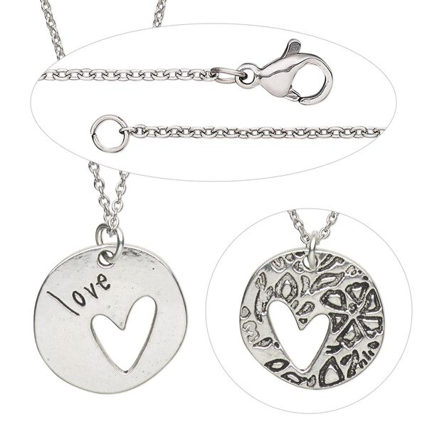 Necklace, Simple and Sleek Jewelry™, round drop with "love" and stainless steel chain, wearable at 18 and 20 inches. Sold individually. image number 0