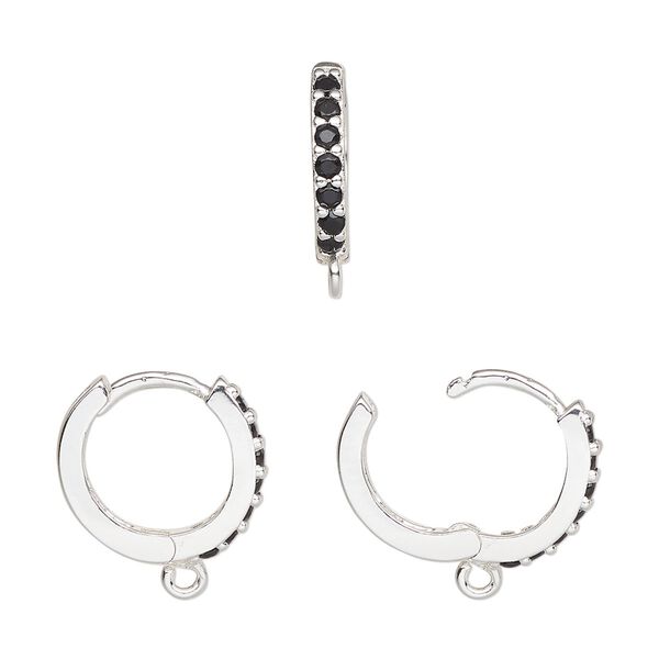 Hoop, silver-finished brass and glass, black, 15mm hoop, 17 gauge. Sold per pair. image number 0