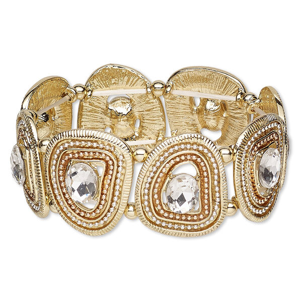 Bracelet, stretch, glass rhinestone / silver- / copper-plated / gold-finished "pewter" (zinc-based alloy), clear, 28mm wide with freeform, 6-1/2 inches. Sold individually. image number 0