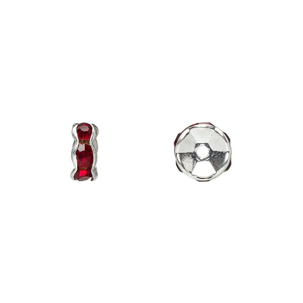 Bead, glass rhinestone and silver-plated brass, garnet red, 7x3.5mm rondelle. Sold per pkg of 10. image number 0
