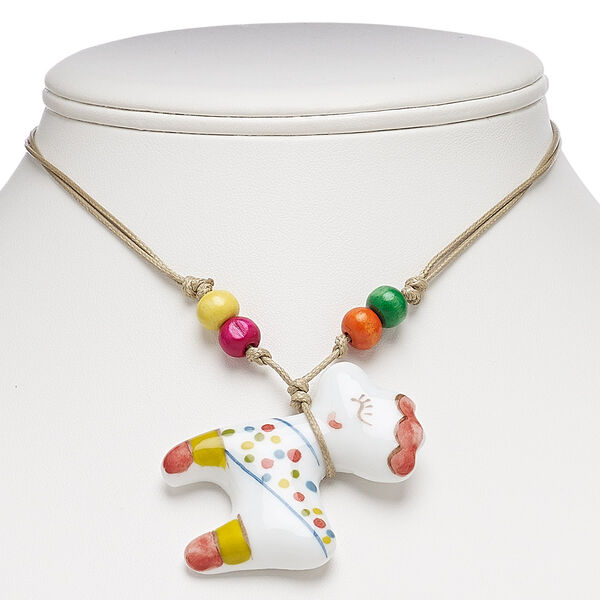 Necklace, painted wood / porcelain / waxed cotton cord, multicolored, 50x45mm sheep, adjustable from 16-30 inches with macramé knot closure. Sold individually. image number 0