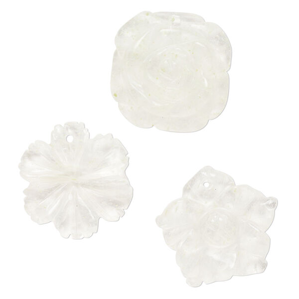 Drop mix, glass, translucent speckled neon yellow, 25x21mm-26x25mm top-drilled, carved flower. Sold per pkg of 3. image number 0