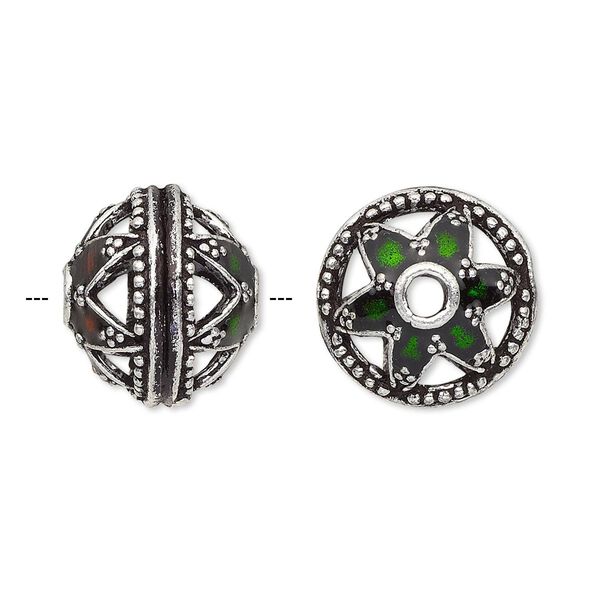 Bead, enamel and antique silver-plated brass, transparent red and green, 16x14mm beaded rondelle with star design. Sold individually. image number 0