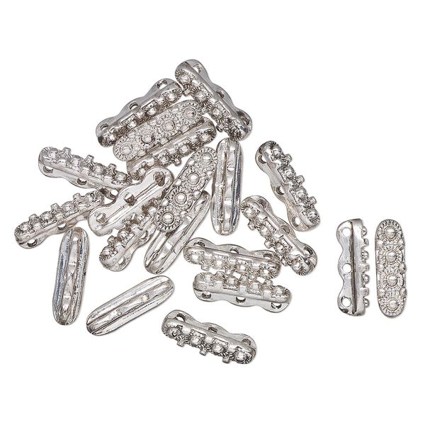 Spacer bar, imitation rhodium-finished "pewter" (zinc-based alloy), 15x4mm rectangle with flowers, fits up to 6mm round beads. Sold per pkg of 20. image number 0