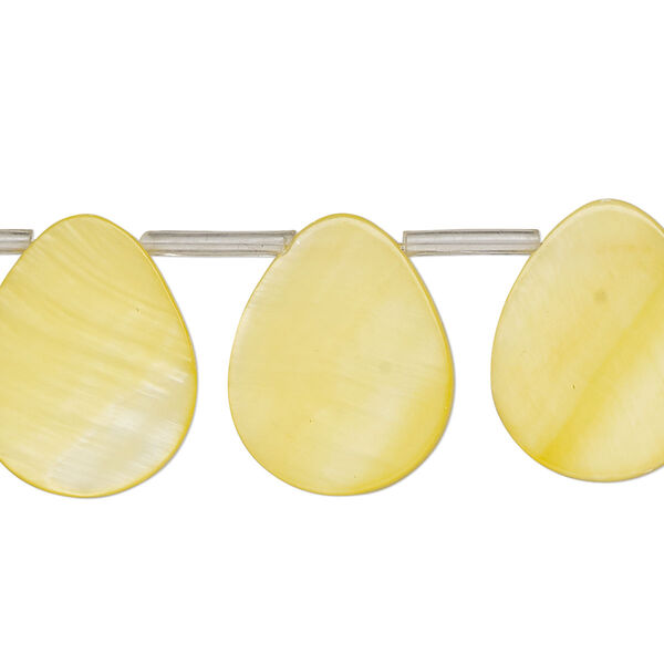 Bead, mother-of-pearl shell (dyed), yellow, 19x6mm-20x10mm top-drilled flat teardrop, Mohs hardness 3-1/2. Sold per 15-inch strand, approximately 20 beads. image number 0