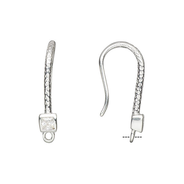 Ear wire, cubic zirconia and sterling silver, clear, 24mm textured fishhook with 4mm faceted square and closed loop, 15 gauge. Sold per pair. image number 0