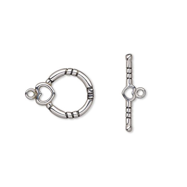 Clasp, toggle, enamel and stainless steel, black, 12mm round with heart and lines. Sold individually. image number 0
