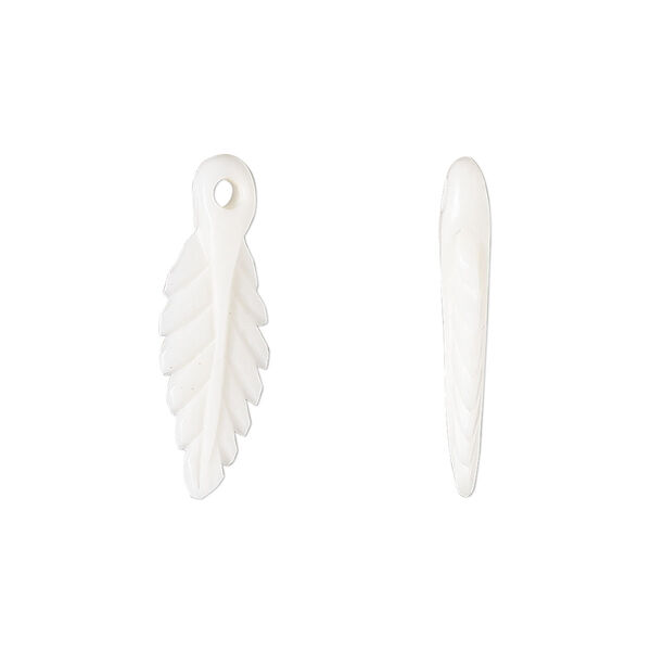 Drop, bone (bleached), white, 22x7mm hand-carved double-sided feather, Mohs hardness 2-1/2. Sold per pkg of 2. image number 0