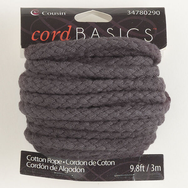 Cord, cotton, dark grey, 6mm braided round. Sold per 3-meter section. image number 0