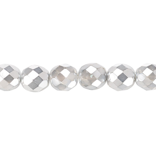 Bead, Czech fire-polished glass, clear with half-coat metallic silver and chrome, 8mm faceted round. Sold per 15-1/2" to 16" strand. image number 0