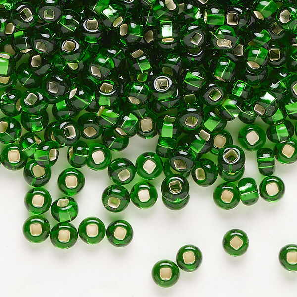 Seed bead, Preciosa Ornela Czech glass, pkg/50g, #6 rocaille, transparent silver-lined green, (57120). image number 0