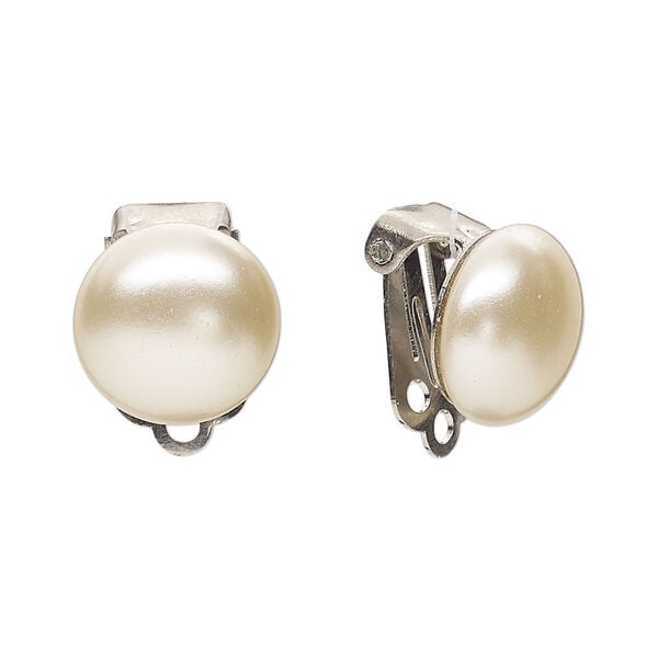 Clip-on, stainless steel and acrylic pearl, off-white, 11mm. Sold per pair. image number 0