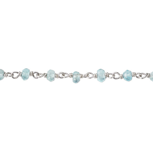 Chain, apatite (natural) and rhodium-plated sterling silver, light, 3.5x2mm-4x2.5mm hand-cut faceted beaded rondelle. Sold per 36-inch strand. image number 0