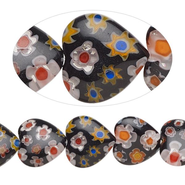 Bead, millefiori glass, opaque multicolored, 12mm puffed heart with 0.6-0.8mm hole. Sold per 15-inch strand. image number 0
