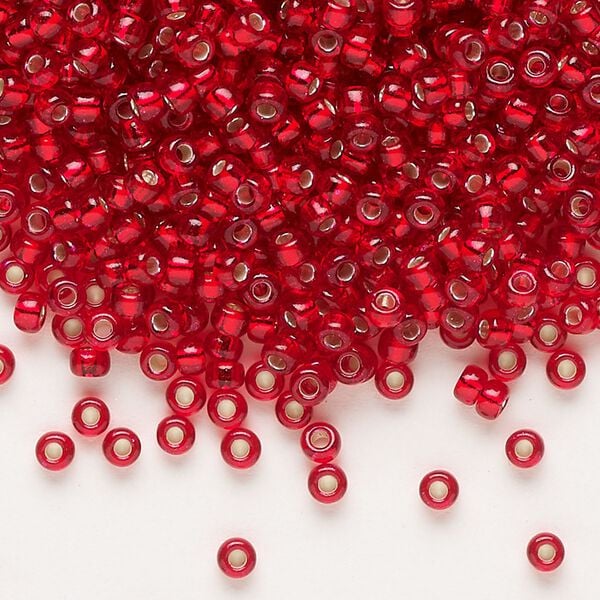 Seed bead, Miyuki, glass, pkg/50g, #8 rocaille, transparent silver-lined red, (RR-1419). image number 0