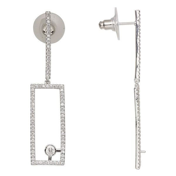 Earstud 1pkg2 cubic zirconia, 57x13mm open rectangle / 4mm cup / 2mm peg / 4-6mm half-drilled round setting / comfort clutch, silver-finished brass / plastic clear 1 pair image number 0