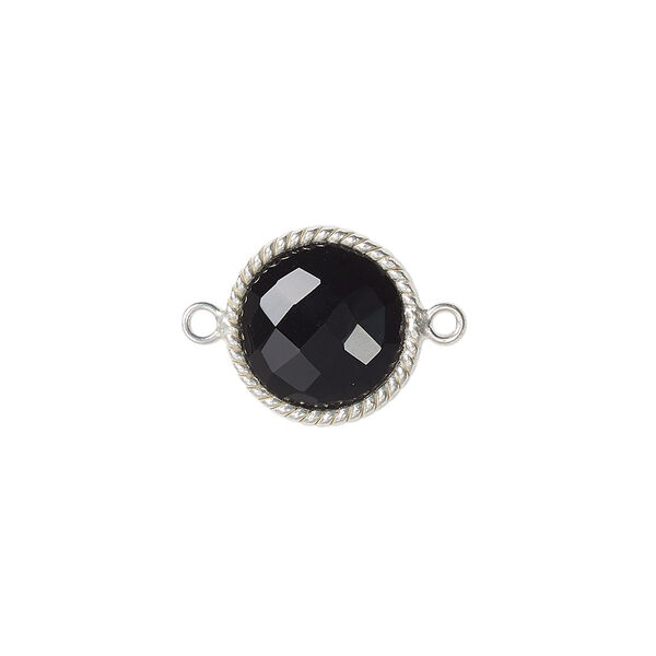 Link, black onyx (dyed) and sterling silver, 14-16mm hand-cut double-sided faceted round with twisted wire design. Sold individually. image number 0