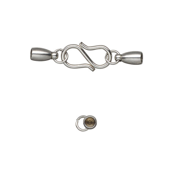 Clasp, S-hook, stainless steel, 28x7mm clasp with 13x7mm hook and 5x3.5mm glue-in bell ends, 2mm inside diameter. Sold individually. image number 0