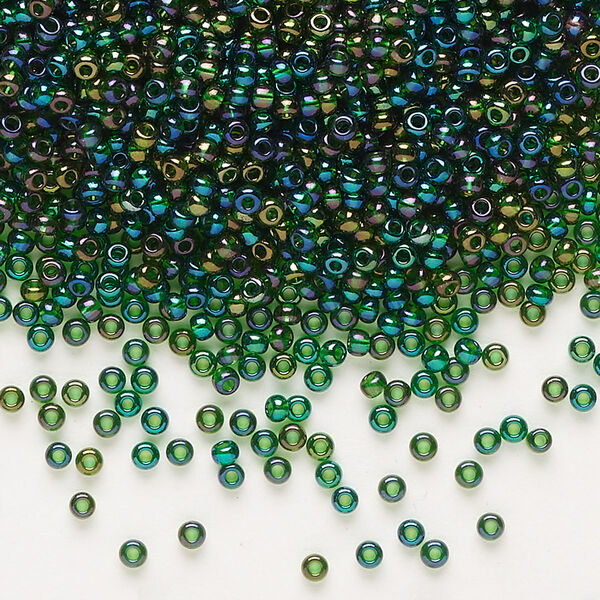 Seed bead, Preciosa Ornela Czech glass, pkg/500g, #11 rocaille, translucent rainbow medium green, (51060). image number 0