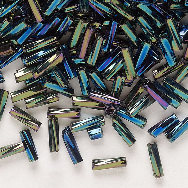 Bead, Preciosa Ornela Czech glass, bugle bead, pkg/500g, #3 twisted, green iris opaque black, (59155). image number 0