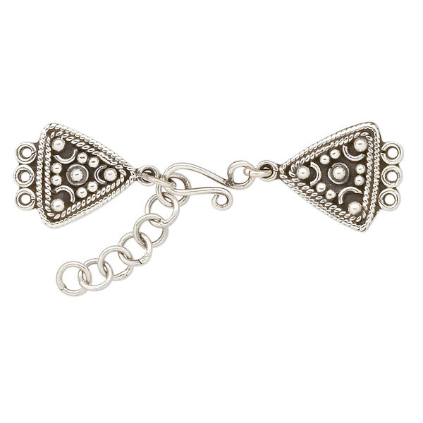 End bar, antiqued sterling silver, 50x16mm 3-strand beaded triangle with 1-inch extender chain and hook-and-eye clasp. Sold individually. image number 0