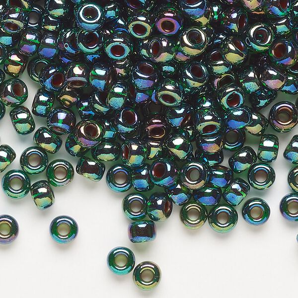 Seed bead, Miyuki, glass, pkg/250g, #6 rocaille, translucent cobalt-lined rainbow green (RR-344). image number 0