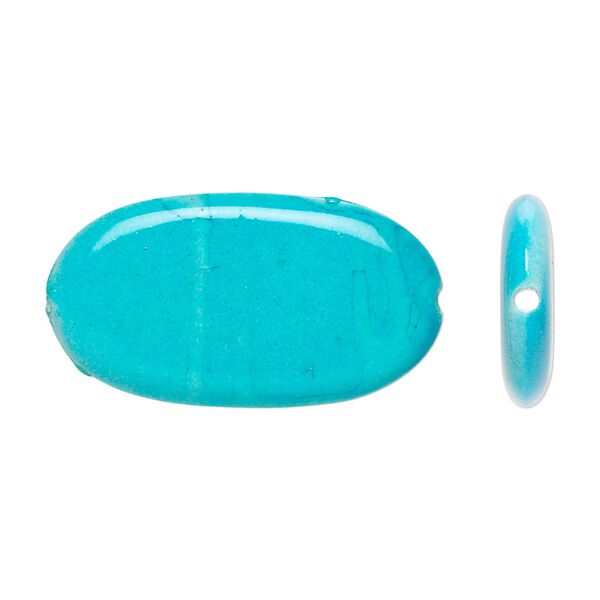 Bead, acrylic, white and turquoise blue, 29x16mm flat oval. Sold per pkg of 70. image number 0