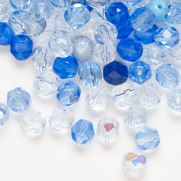 Bead mix, Czech fire-polished glass, pkg/150, 6mm faceted round, opaque and transparent multi-blue. image number 0