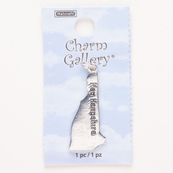 Charm, steel and enamel, pkg/1, silver finish and black, 30x15mm with "New Hampshire." image number 0