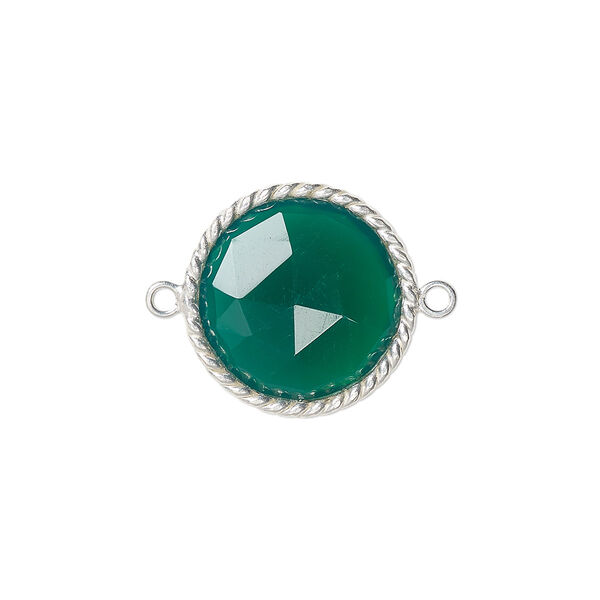 Link, green onyx (dyed) and sterling silver, 17-19mm hand-cut double-sided faceted round with twisted wire design. Sold individually. image number 0