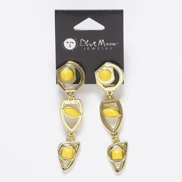 Earring, acrylic / gold-finished "pewter" (zinc-based alloy) / steel, yellow, 3 inches with post and comfort clutch earnut. Sold per pair image number 0