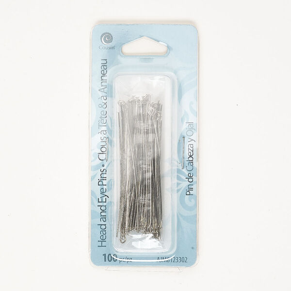 Head pin and eye pin mix, antique silver-finished steel, 2 inches, 21 gauge. Sold per pkg of 100. image number 0