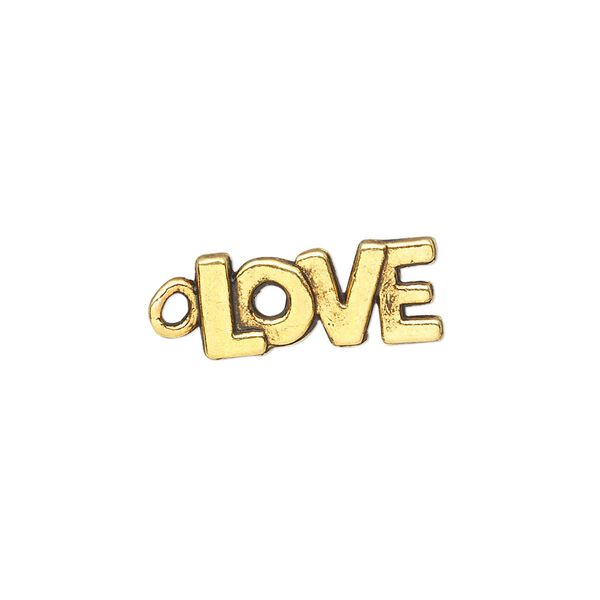 Charm, antique gold-finished "pewter" (zinc-based alloy), 17x8mm single-sided "LOVE." Sold per pkg of 50. image number 0