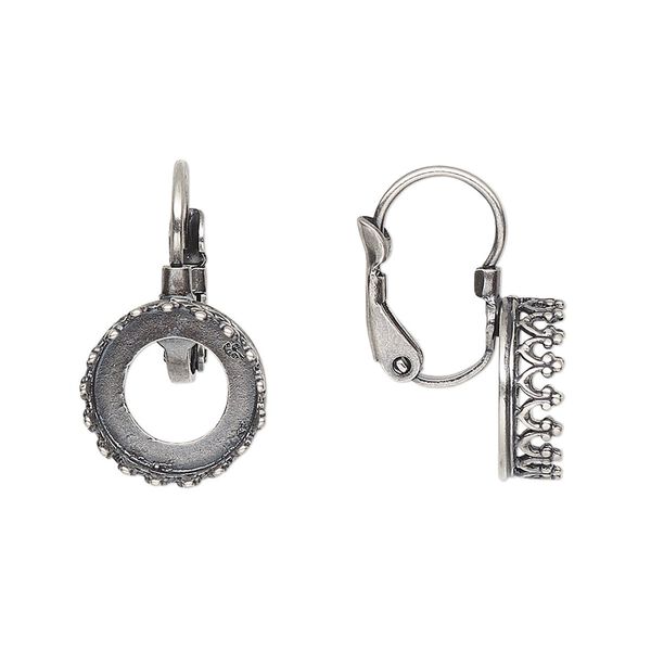 Ear wire leverback 1pkg2 JBB findings antique silver-plated, 21mm / SS47 rivoli open back bezel setting, brass 1 pair image number 0