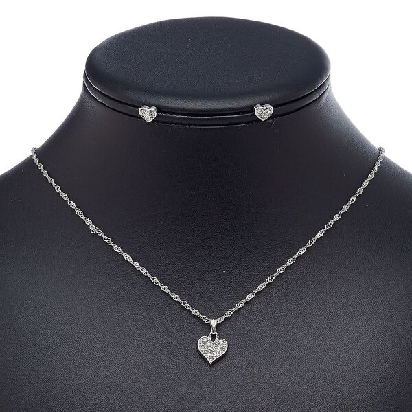 Necklace and earring set, glass rhinestone / imitation rhodium-plated steel / brass / "pewter" (zinc-based alloy), clear, 12x11mm heart, 18-inch necklace with 2-inch extender chain and lobster claw clasp, 6x6mm heart with post. Sold per set. image number 0