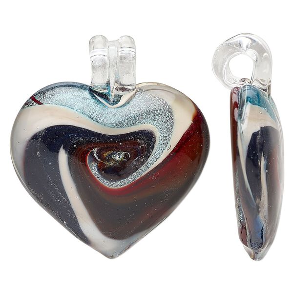 Focal, lampworked glass, multicolored, 48x43mm-50x45mm puffed heart with swirl design and silver-colored foil. Sold individually. image number 0