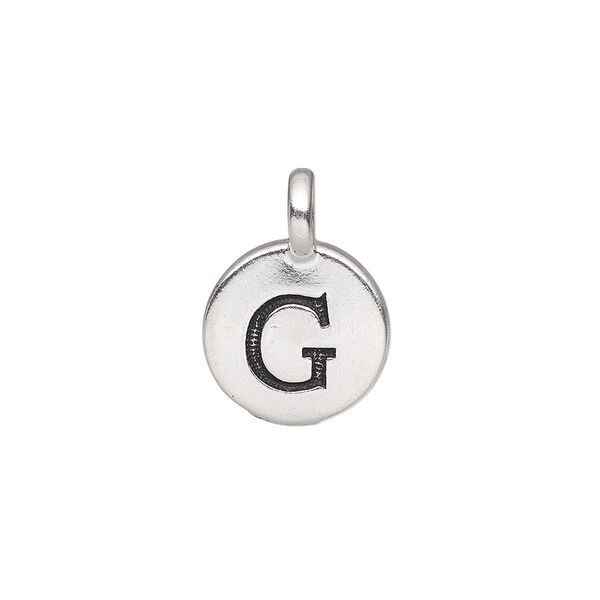 Drop, TierraCast®, antique silver-plated pewter (tin-based alloy), 11.5mm single-sided round with textured alphabet letter "G." Sold per pkg of 2. image number 0