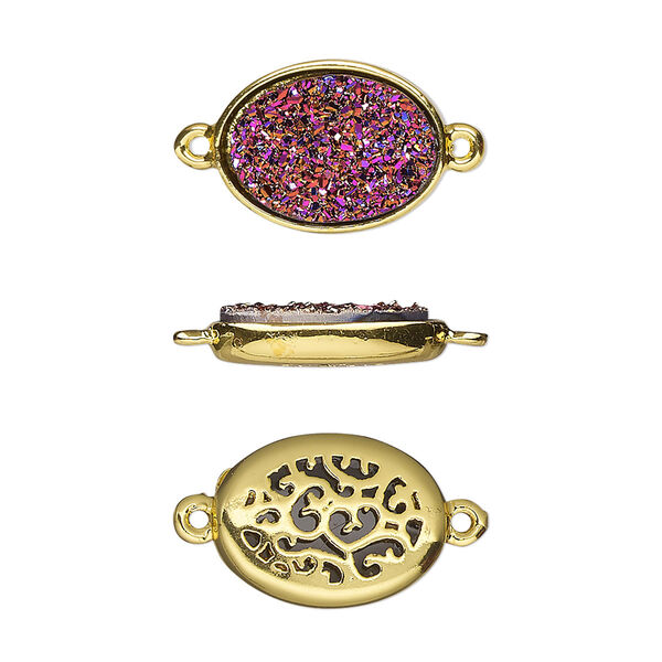 Link, Druzylite™, "druzy" (resin) and gold-finished brass, metallic purple, 15.5x11.5mm two-sided oval with open filigree back. Sold per pkg of 4. image number 0