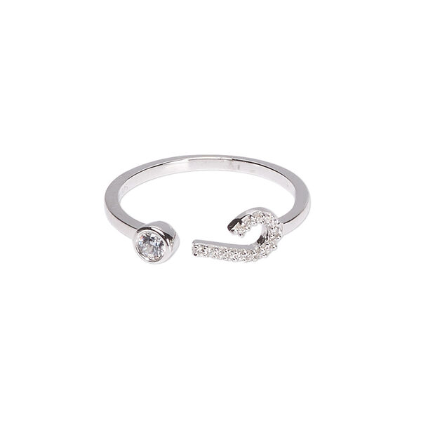 Ring, Create Compliments®, cubic zirconia and rhodium-plated sterling silver, clear, 5.5mm wide with question mark, size 8. Sold individually. image number 0