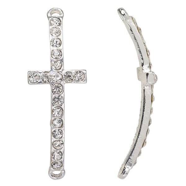 Focal, Czech glass rhinestone and silver-finished "pewter" (zinc-based alloy), clear, 43x16mm single-sided curved cross with 3mm faceted round. Sold per pkg of 2. image number 0