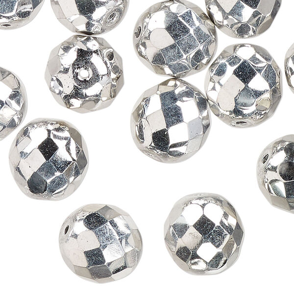 Czech fire-polished glass 1pkg30, faceted round bead opaque metallic silver 12mm image number 0