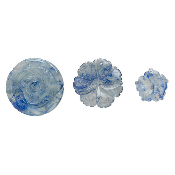 Drop mix, blueberry "quartz" (glass), translucent blue, 24x23mm-41x40mm top-drilled carved flower. Sold per pkg of 3. image number 0
