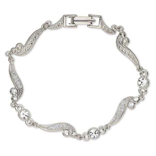 Bracelet, epoxy / crystals / rhodium-plated "pewter" (zinc-based alloy), white and crystal clear with glitter, 6.5mm wide with scroll design, 7 inches with fold-over clasp. Sold individually. image number 0