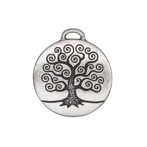 Drop, TierraCast®, antique silver-plated pewter (tin-based alloy), 23.5mm double-sided flat round with tree of life. Sold per pkg of 2. image number 0