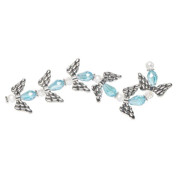 Bead, crystal and antique silver-plated "pewter" (zinc-based alloy), translucent clear and light turquoise blue AB, 19.5x16mm angel. Sold per pkg of 6. image number 0