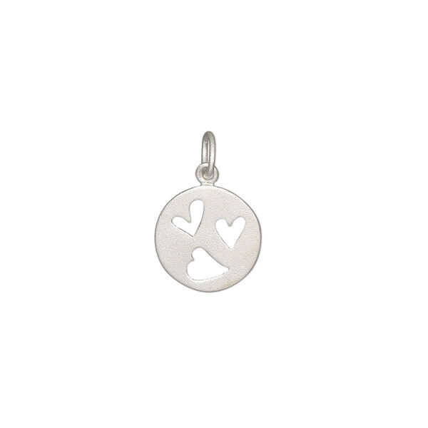 Drop, sterling silver, 11mm single-sided matte flat round with 3 open hearts. Sold individually. image number 0