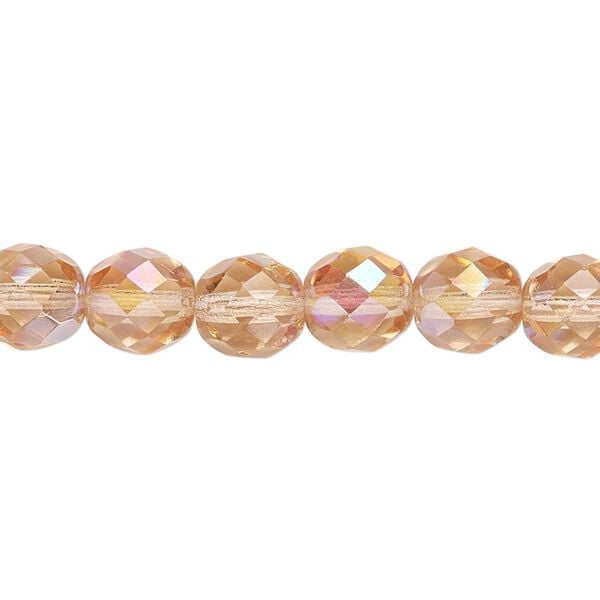 Bead, Czech fire-polished glass, light rose AB, 8mm faceted round. Sold per 15-1/2" to 16" strand. image number 0