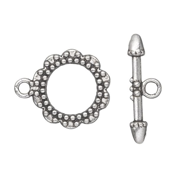 Clasp, toggle, antique silver-plated "pewter" (zinc-based alloy), 20mm double-sided round beaded flower. Sold per pkg of 10. image number 0